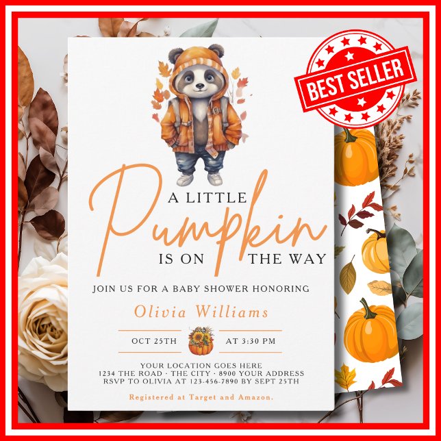 Invitation Une petite citrouille automne bébé PANDA Shower (A Little Pumpkin is on the Way Fall Autumn CUTE PANDA Baby Shower Invitation)