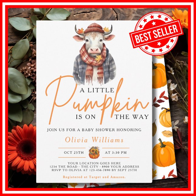 Invitation Une petite citrouille automne bébé vache Mignonne  (A Little Pumpkin is on the Way Fall Autumn CUTE COW Baby Shower Invitation)
