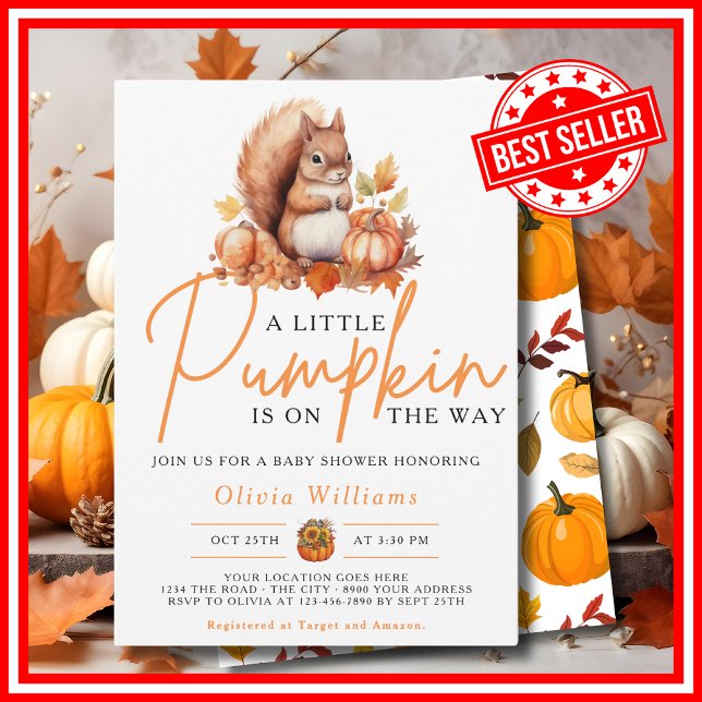 Invitation Une petite citrouille automne SQUIRREL Baby Shower (A Little Pumpkin is on the Way Fall Autumn Squirrel Baby Shower Invitation)