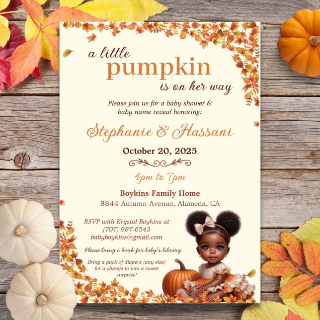 Invitation Une petite citrouille est en route Afro Puff Bébé  (A Little Pumpkin is on Her Way Afro Puff Baby Girl Baby Shower Invitation)