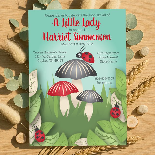 Invitation Une petite dame et des champignons Baby shower Whi (A Little Lady and Mushrooms Whimsical Baby Shower Invitation)