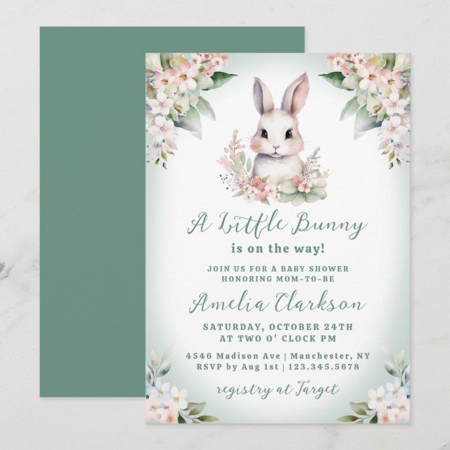 Invitation Une petite douche de bébé lapin douce verte et flo (Devant / Derrière)