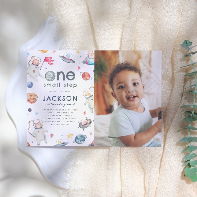 Invitation Une petite étape | Animaux spatiaux 1er anniversai (Créateur téléchargé)