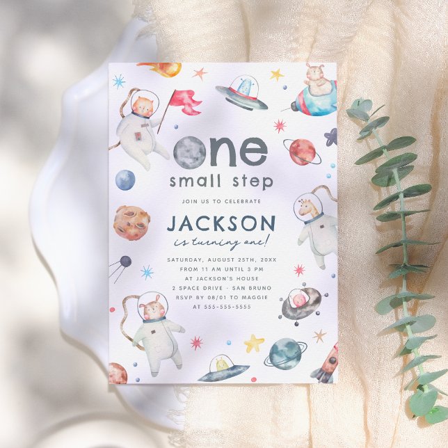 Invitation Une petite étape | Animaux spatiaux 1er anniversai (Créateur téléchargé)