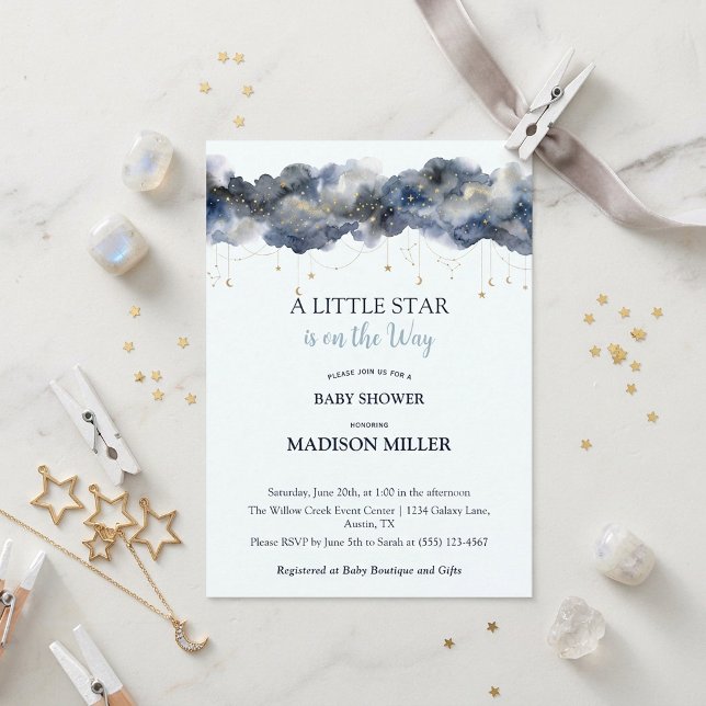 Invitation Une Petite Étoile Céleste Navale Nuage Baby Shower (A Little Star Celestial Navy Cloud Baby Shower Watercolor Invitation)