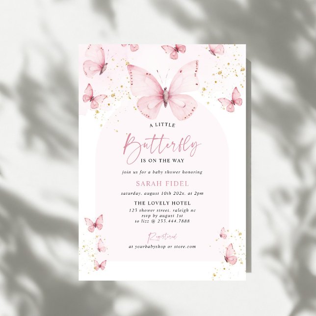 Invitation Une petite fête bébé papillon rose or (Créateur téléchargé)