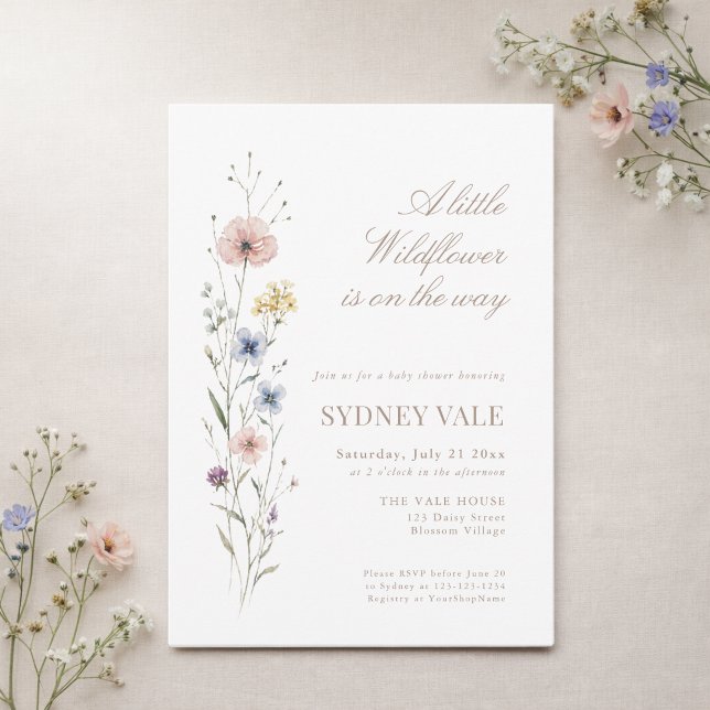 Invitation Une petite fête de bébé à fleurs sauvages et flora (Créateur téléchargé)