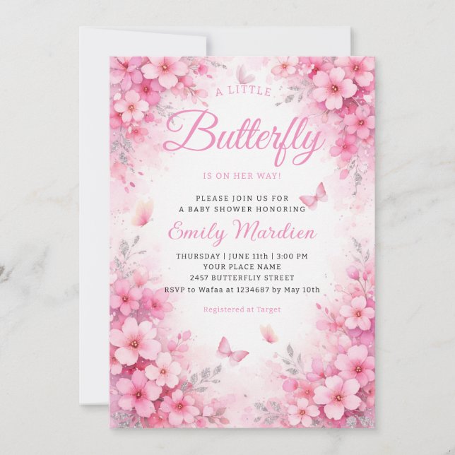 Invitation Une petite Fête de Bébé Fille Florale Papillon Ros (Devant)