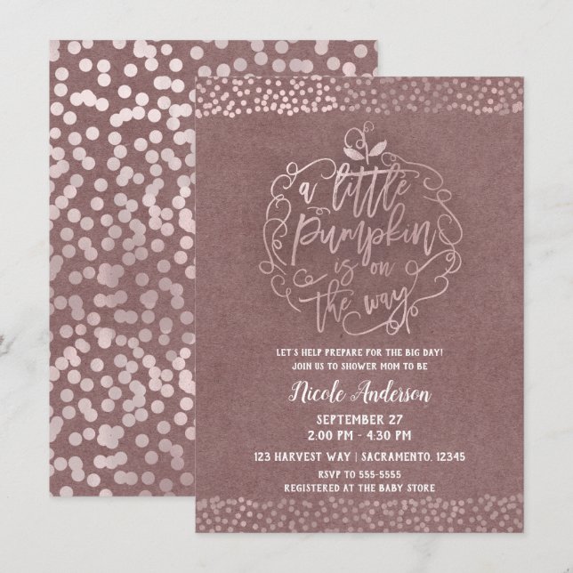 Invitation Une petite Fête de Bébé Rose Gold Rustique d'Autom (Devant / Derrière)