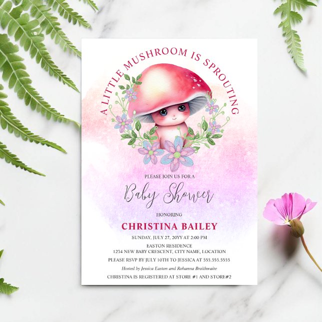 Invitation Une petite fève pousse Shower de Bébé (Cute and adorable baby mushroom sprouting baby shower invitation.)