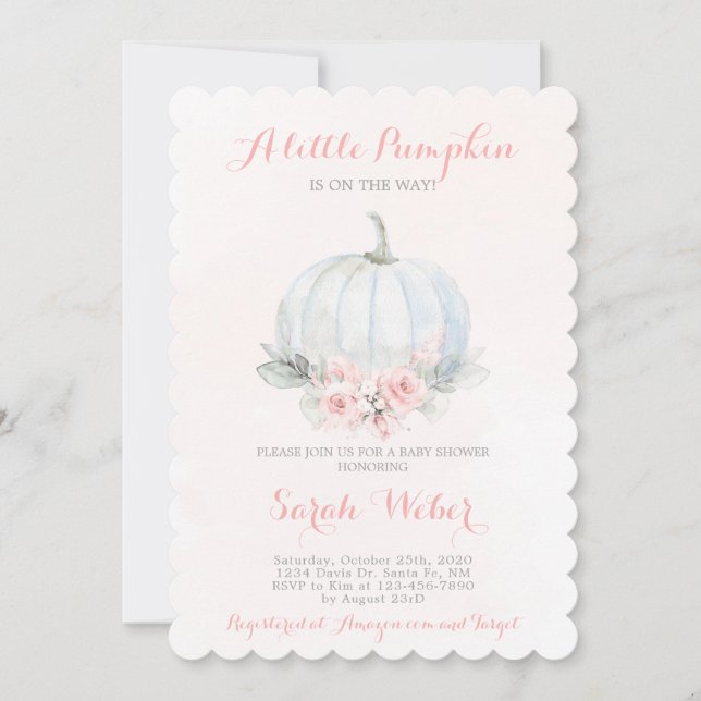 Invitation Une petite fille baby shower de chute rose citroui (Devant)