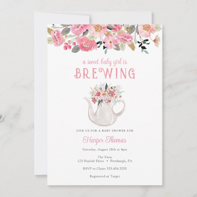 Invitation Une petite fille brasse un Baby shower de thé (Devant)