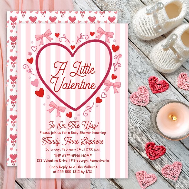 Invitation Une petite fille coquette pour la Saint-Valentin B (A Little Valentine Is On the Way! Pink and Red Stripes | Heart Coquette Girl Baby Shower Print Digi)
