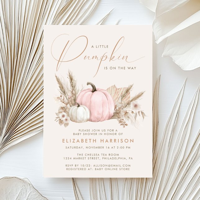 Invitation Une petite fille d'automne rose Shower pour bébé (A Little Pumpkin Pink Fall Baby Girl Shower Invitation)