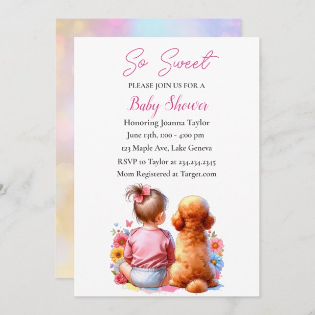 Invitation Une petite fille et son Baby shower de chien (Devant / Derrière)