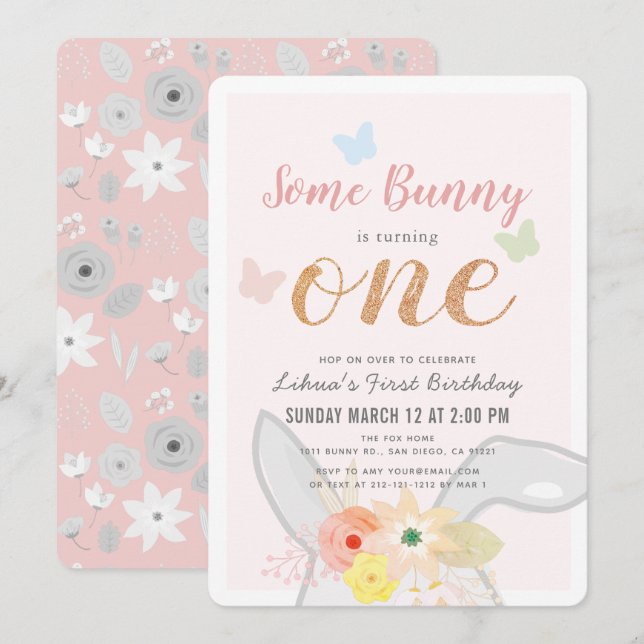 Invitation Une Petite Fille Lapin Gris Rose Floral 1er Annive (Devant / Derrière)