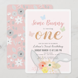 Invitation Une Petite Fille Lapin Gris Rose Floral 1er Annive
