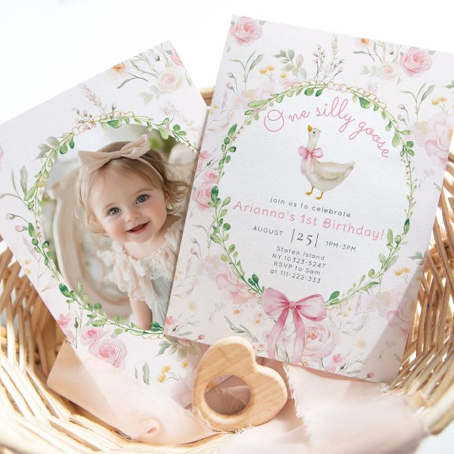 Invitation Une petite fille rose de l'oie sotte Photo 1er ann (Créateur téléchargé)