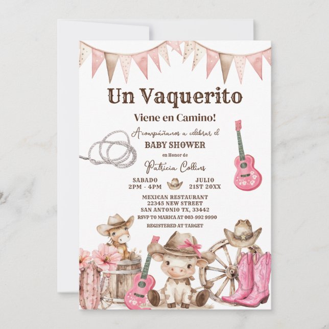 Invitation Une Petite Fille Vaquerito Vient en Chemin Baby Sh (Devant)