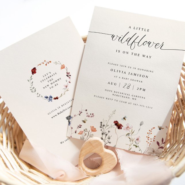 Invitation Une petite fleur sauvage Baby Shower Bohème Abeill (Boho A Little Wildflower is on the Way Baby Shower Inivtation with Bees - QR Code Registry on Back)