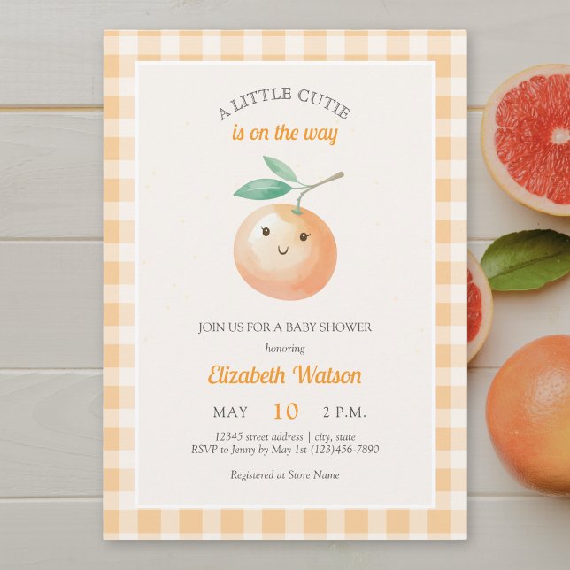 Invitation Une petite mignonne Baby Shower orange gingham cit (Créateur téléchargé)