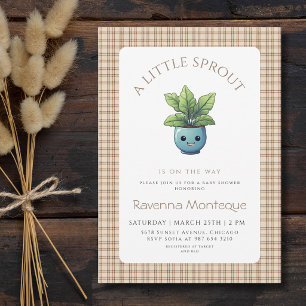Invitation Une petite plante pousse Baby Shower Gingham Brun