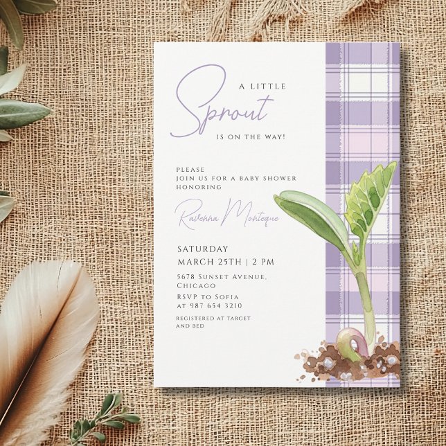 Invitation Une petite plante pousse Baby Shower Gingham Viole (Créateur téléchargé)
