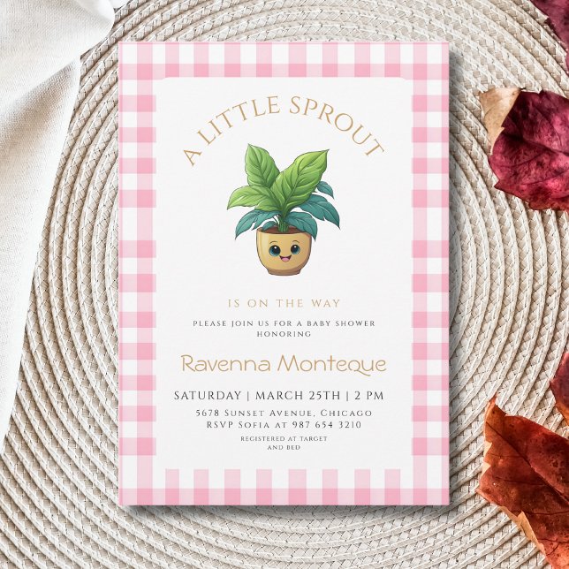Invitation Une petite plante pousse Fête de bébé rose à carre (Créateur téléchargé)