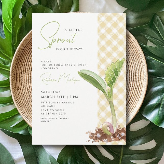Invitation Une petite pousse, plante, jaune à gingham, Baby S (Créateur téléchargé)