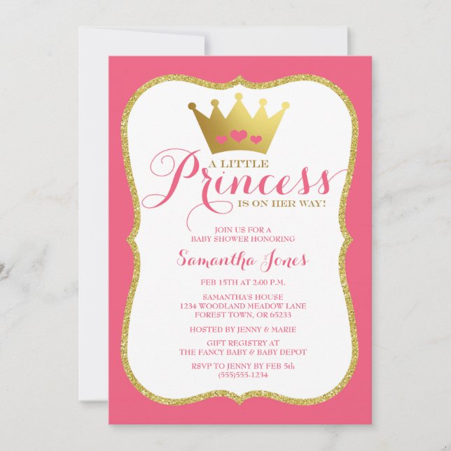 Invitation Une petite princesse Baby shower rose et or (Devant)