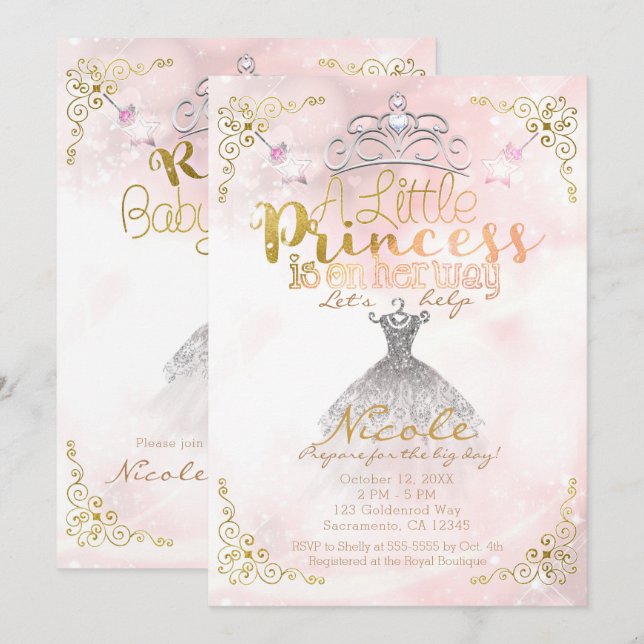 Invitation Une petite princesse est en route Fête de bébé ros (Devant / Derrière)