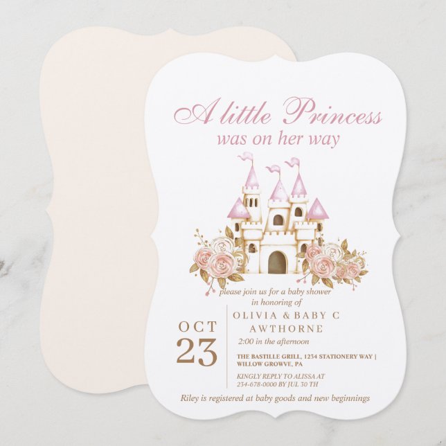 Invitation Une petite princesse Fête bébé Château Rose Gold (Devant / Derrière)