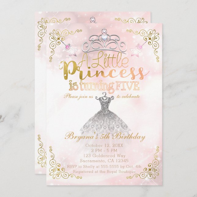 Invitation Une petite princesse qui fête ses 5 ans (Devant / Derrière)