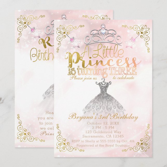 Invitation Une petite princesse qui tourne trois 3e fête d'an (Devant / Derrière)