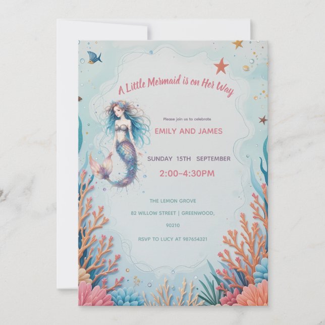 Invitation Une petite sirène est sur son chemin Baby shower o (Devant)