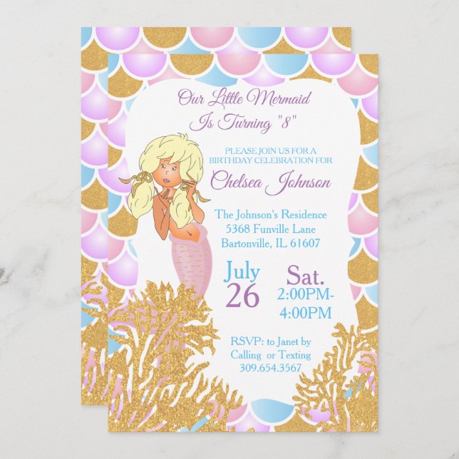 Invitation Une petite sirène fête son anniversaire (Devant / Derrière)
