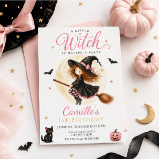 Invitation Une petite sorcière rose Halloween fille anniversa