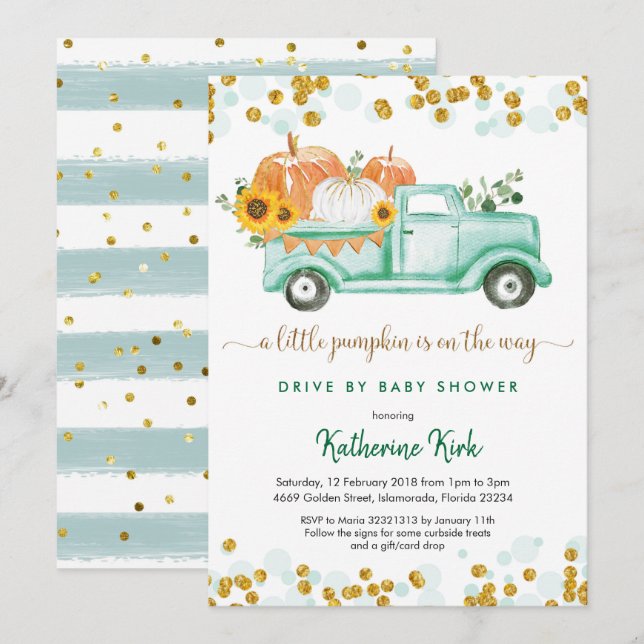 Invitation Une petite voiture citrouille par baby shower garç (Devant / Derrière)