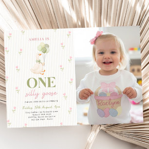 Invitation Une photo de 1er anniversaire florale de l'oie sot