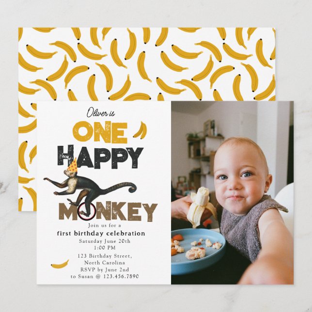 Invitation Une photo de premier anniversaire de singe heureux (Devant / Derrière)