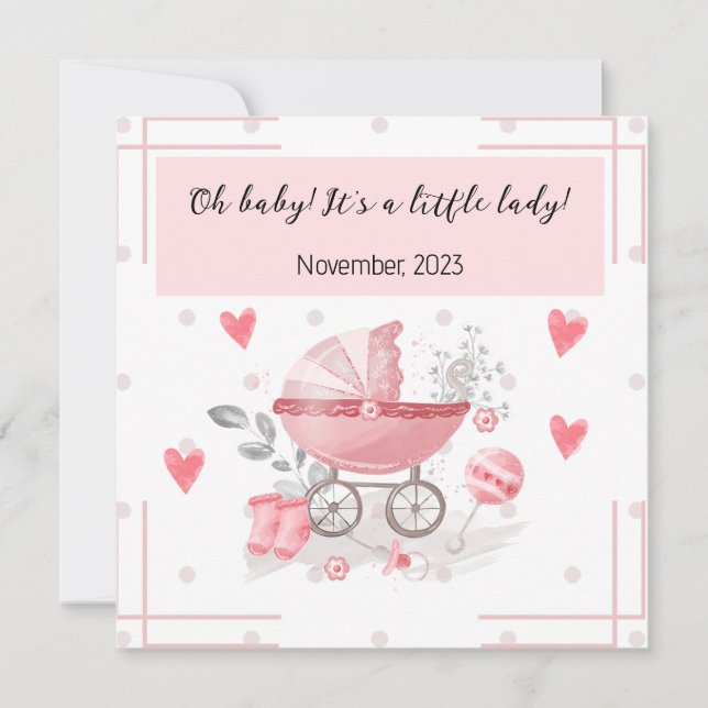 Invitation Une poussette de bébé et le coeur avec un message  (Devant)