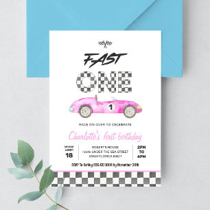 Invitation UNE rapide voiture de course rose vintage 1er anni