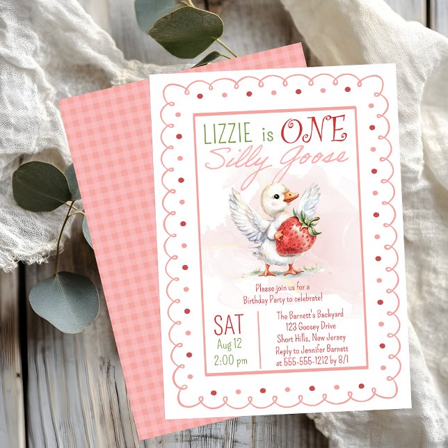 Invitation Une SIlly Goose Strawberry Girl 1er anniversaire f ("One Silly Goose" Baby Goose (Gosling) and Strawberry Doodle Frame Girl's 1st Birthday Party Invite)