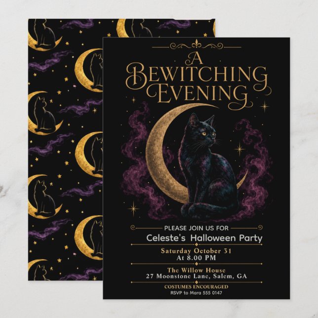 Invitation Une soirée Halloween ensorcelante Chat noir (Devant / Derrière)