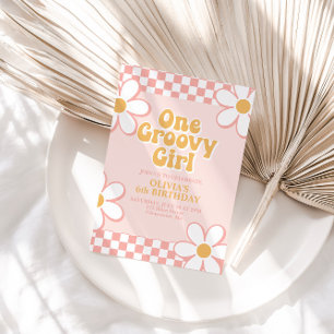 Invitation Une Super fille Retro Check Rose Daisy