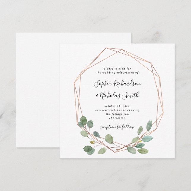 Invitation Une végétation simple d'eucalyptus | Rose Gold Geo (Devant / Derrière)