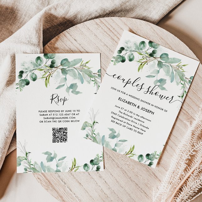 Invitation Une verdure élégante | Douche Couples Code QR (An elegant couples wedding  shower invitation with greenery and a scannable QR code to rsvp)