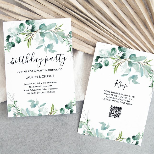 Invitation Une verdure élégante | QR Code fête d'anniversaire (A simple and elegant birthday party invitation with green watercolor eucalyptus leaves)