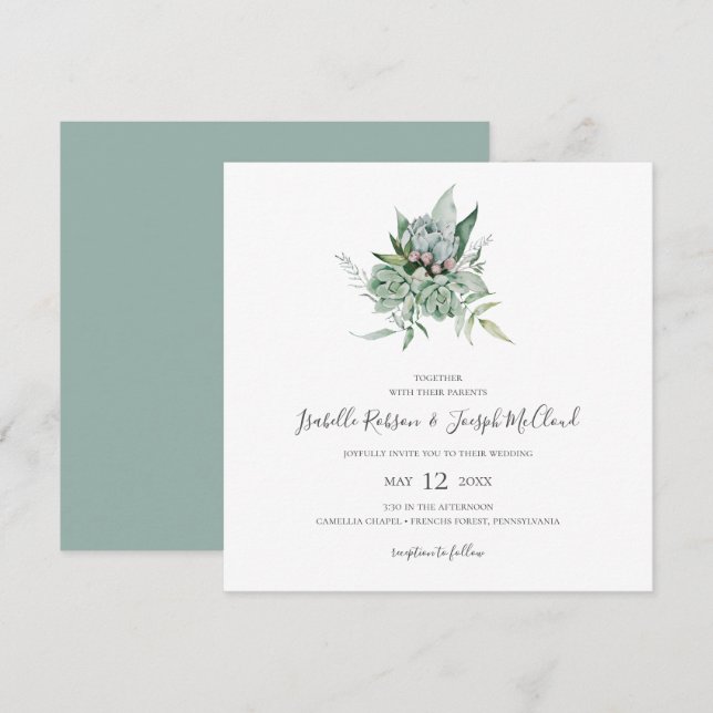 Invitation Une verdure succulente | Mariage Carré Sage Green (Devant / Derrière)
