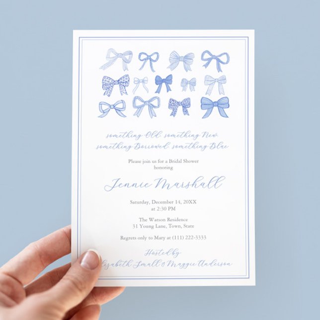 Invitation Une vieille nouvelle Fête des mariées de Bows Bleu (Something Old, Something New, Something Borrowed, Something Blue! Modern Classic Bridal Shower cards)